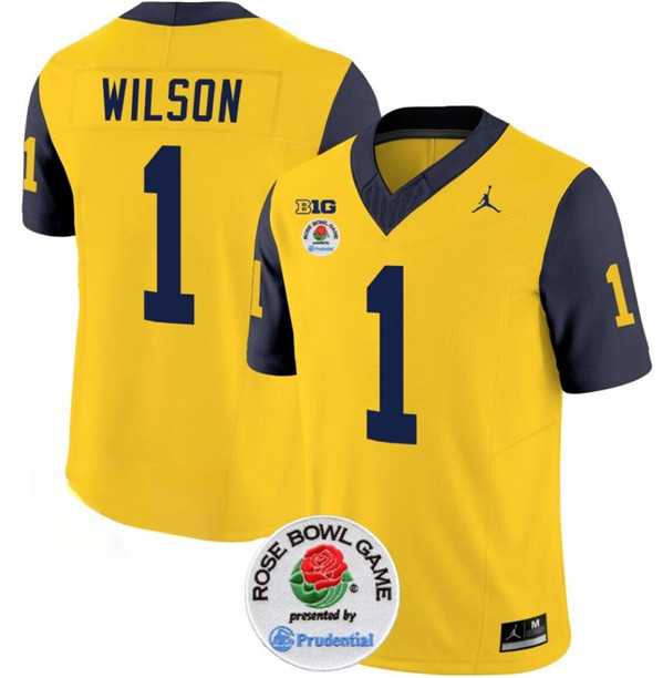 Mens Michigan Wolverines #1 Roman Wilson 2023 F.U.S.E. Yellow Navy Rose Bowl Patch Stitched Jersey Dzhi